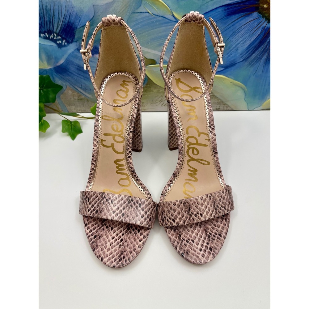 New Sam Edelman Yaro Snakeskin Embossed Block Heel Sandals Neutral 8.5M - Picture 2 of 8